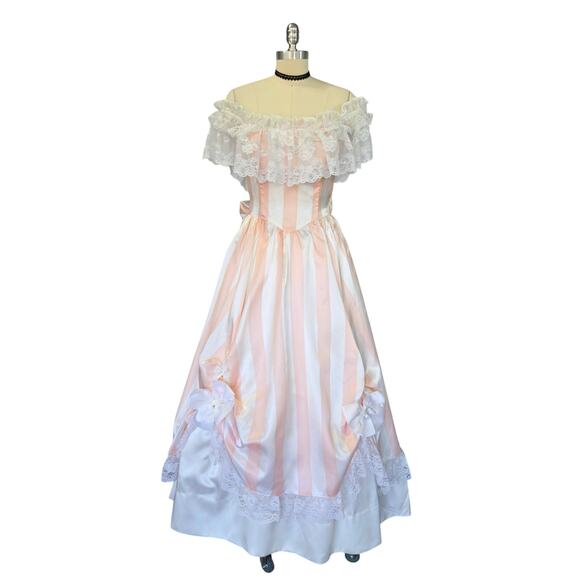 Gunne Sax Pink White Stripe Princess Dress Size S 9 Lace Satin Vintage 80s - Picture 2 of 16
